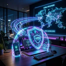 Conceptual visualization of a VPN protecting a laptop and smartphone.