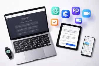 Illustration showing AI productivity tools organized by work category