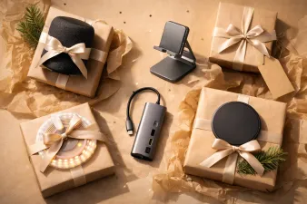 Collection of affordable tech gifts under 50 dollars on a clean background