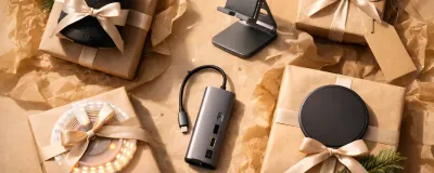 Collection of affordable tech gifts under 50 dollars on a clean background