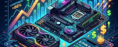 Stylized illustration showing expensive computer hardware components like GPUs and motherboards with upward trending price charts