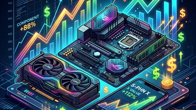 Stylized illustration showing expensive computer hardware components like GPUs and motherboards with upward trending price charts