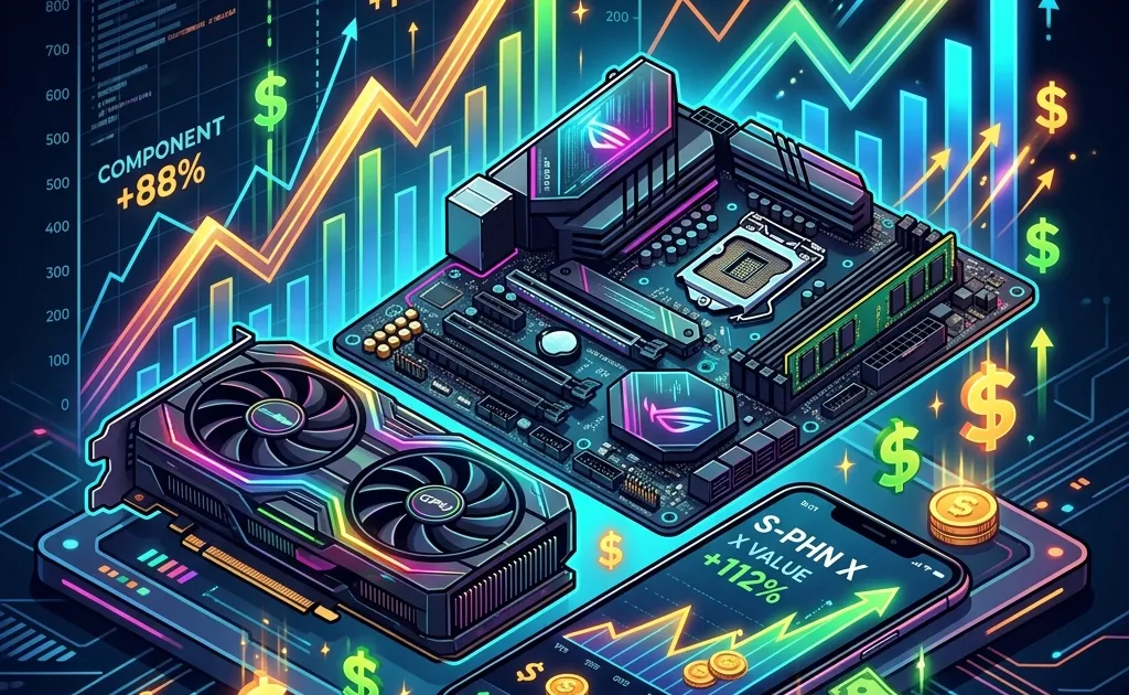 Stylized illustration showing expensive computer hardware components like GPUs and motherboards with upward trending price charts