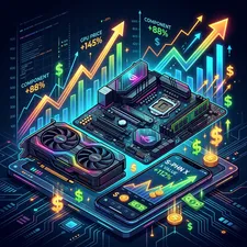 Stylized illustration showing expensive computer hardware components like GPUs and motherboards with upward trending price charts