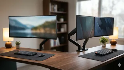 Side-by-side comparison of ultrawide and dual monitor desk setups