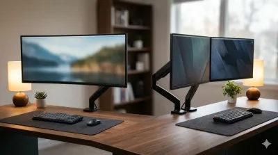 Side-by-side comparison of ultrawide and dual monitor desk setups