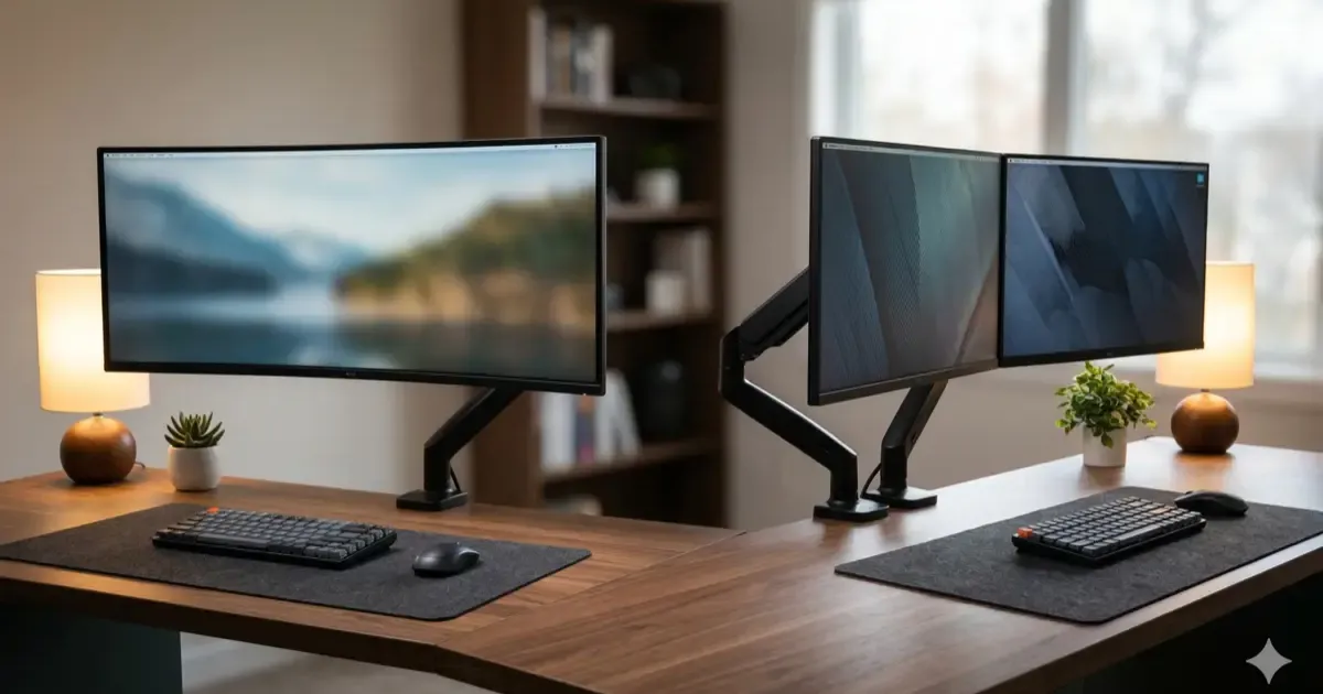 Side-by-side comparison of ultrawide and dual monitor desk setups