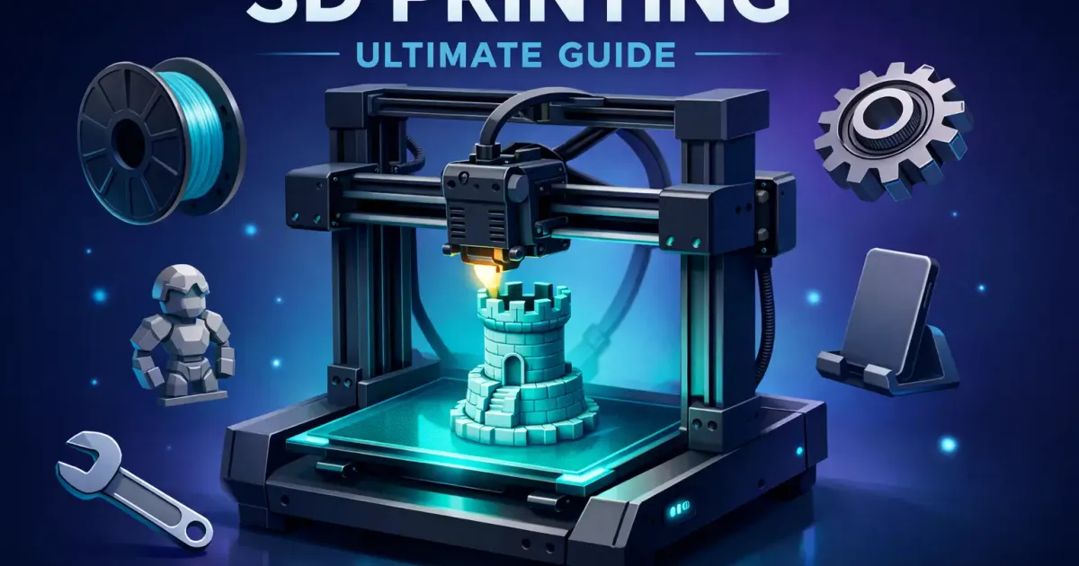 Illustration showing 3D printing concepts from printer to finished objects