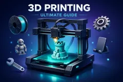 Illustration showing 3D printing concepts from printer to finished objects