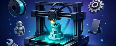 Illustration showing 3D printing concepts from printer to finished objects