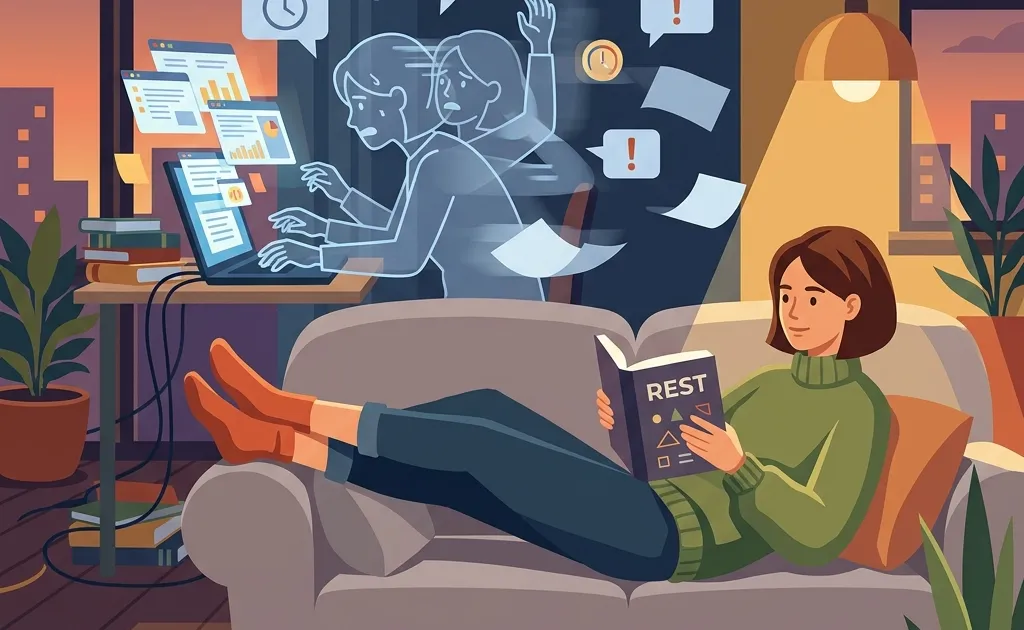 A calm person reading a book while a ghostly figure of themselves frantically works on a laptop