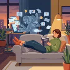 A calm person reading a book while a ghostly figure of themselves frantically works on a laptop