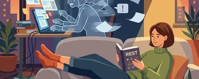 A calm person reading a book while a ghostly figure of themselves frantically works on a laptop
