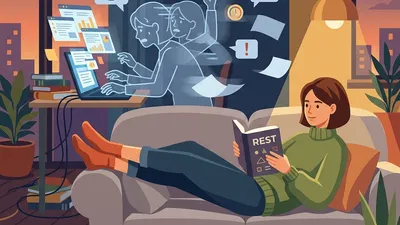 A calm person reading a book while a ghostly figure of themselves frantically works on a laptop