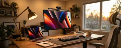 Home office lighting setup with monitor light bar and desk lamp