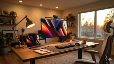 Home office lighting setup with monitor light bar and desk lamp