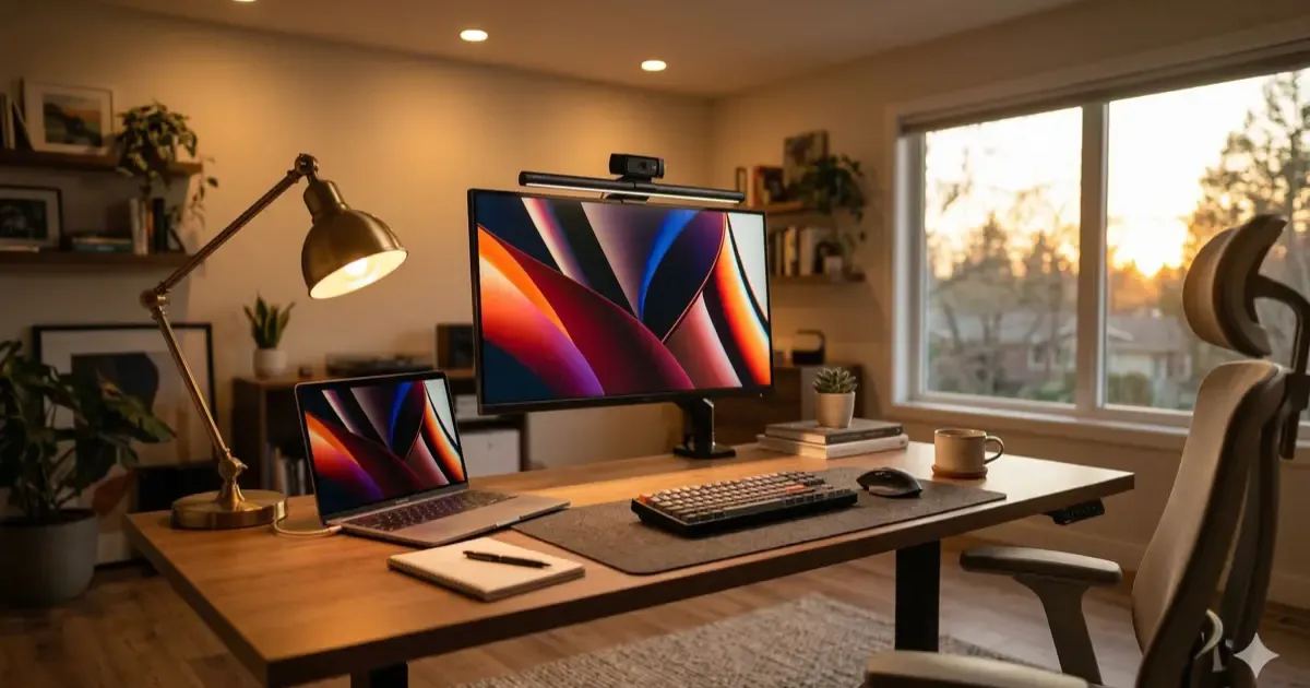 Home office lighting setup with monitor light bar and desk lamp