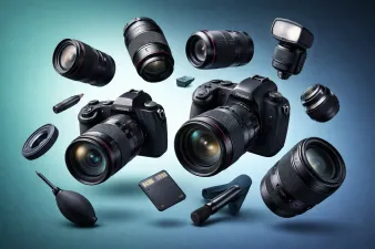 Illustration showing photography gear essentials for beginners