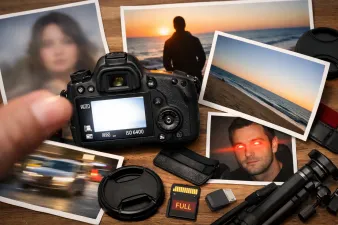 Camera with common photography mistake examples on a light background