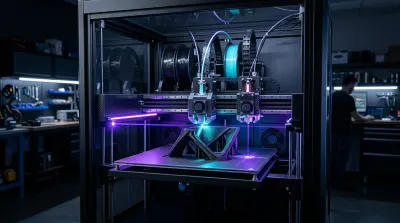 Next-generation multi-toolhead 3D printer manufacturing complex carbon fiber mechanical components in a workshop