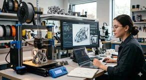 Digital illustration showing an AI-powered 3D printer with glowing neural network overlays