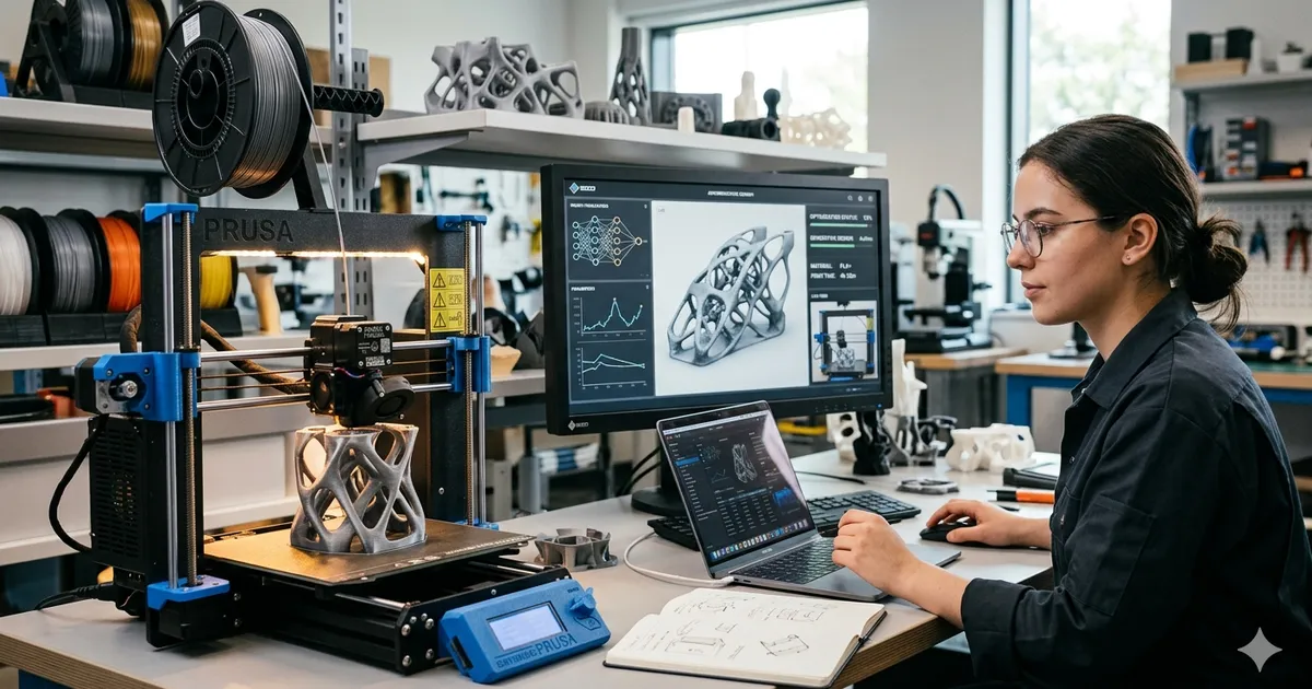 Digital illustration showing an AI-powered 3D printer with glowing neural network overlays