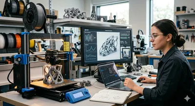 Digital illustration showing an AI-powered 3D printer with glowing neural network overlays