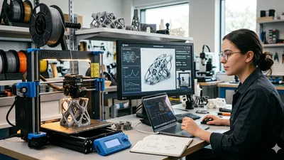 Digital illustration showing an AI-powered 3D printer with glowing neural network overlays