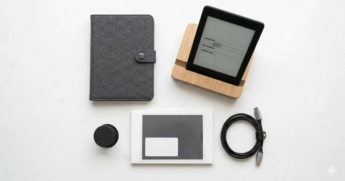 Collection of Kindle accessories including cases, stands, and chargers