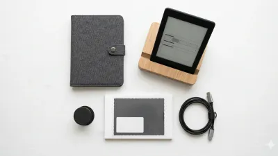 Collection of Kindle accessories including cases, stands, and chargers