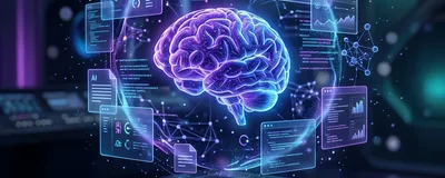 A holographic brain surrounded by floating code panels and AI data streams in purple and blue tones