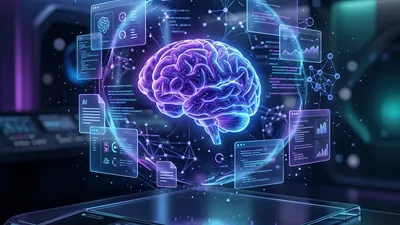 A holographic brain surrounded by floating code panels and AI data streams in purple and blue tones