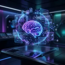 A holographic brain surrounded by floating code panels and AI data streams in purple and blue tones