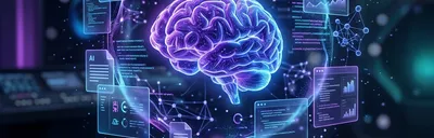 A holographic brain surrounded by floating code panels and AI data streams in purple and blue tones