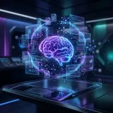 A holographic brain surrounded by floating code panels and AI data streams in purple and blue tones