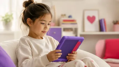 A child reading on a Kindle Kids edition with a colorful protective cover