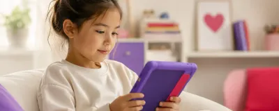 A child reading on a Kindle Kids edition with a colorful protective cover