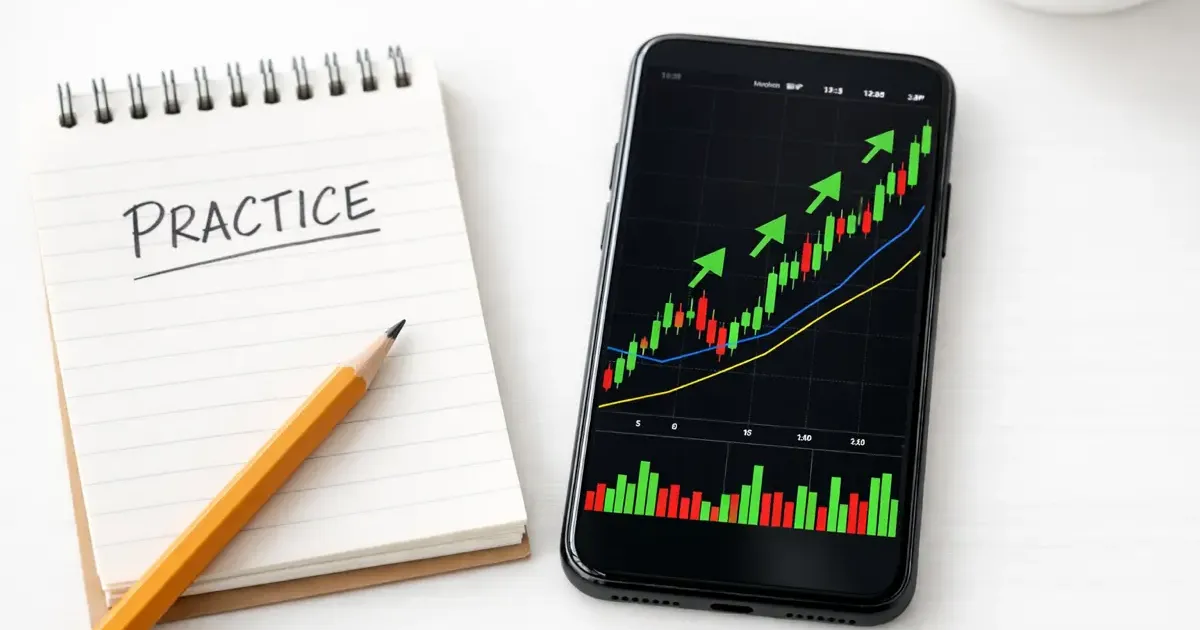Collection of paper trading app interfaces on a phone and laptop