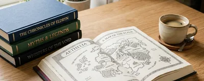 A stack of high-quality hardcover books on a minimalist wooden desk, one book is open showing a fantasy map, a warm cup of coffee nearby.