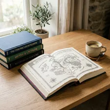 A stack of high-quality hardcover books on a minimalist wooden desk, one book is open showing a fantasy map, a warm cup of coffee nearby.