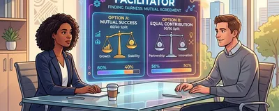 Two people sitting at a desk discussing mutual agreement options presented on a glowing neutral AI compromise facilitator display.