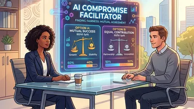 Two people sitting at a desk discussing mutual agreement options presented on a glowing neutral AI compromise facilitator display.