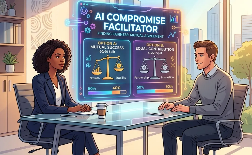 Two people sitting at a desk discussing mutual agreement options presented on a glowing neutral AI compromise facilitator display.