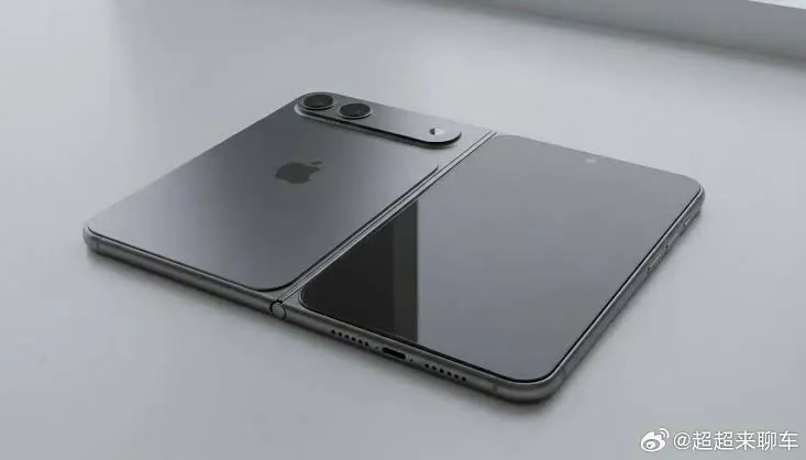 A sleek conceptual Apple foldable smartphone showing an inner folding OLED display and metal hinge