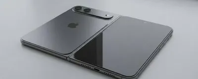A sleek conceptual Apple foldable smartphone showing an inner folding OLED display and metal hinge