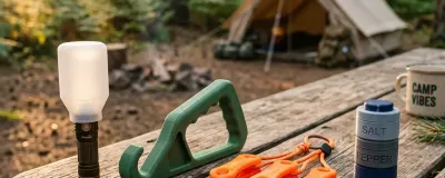 Collection of 3D printed camping gadgets on a wooden picnic table at a forest campsite