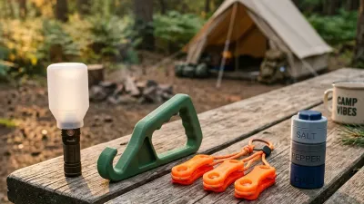 Collection of 3D printed camping gadgets on a wooden picnic table at a forest campsite