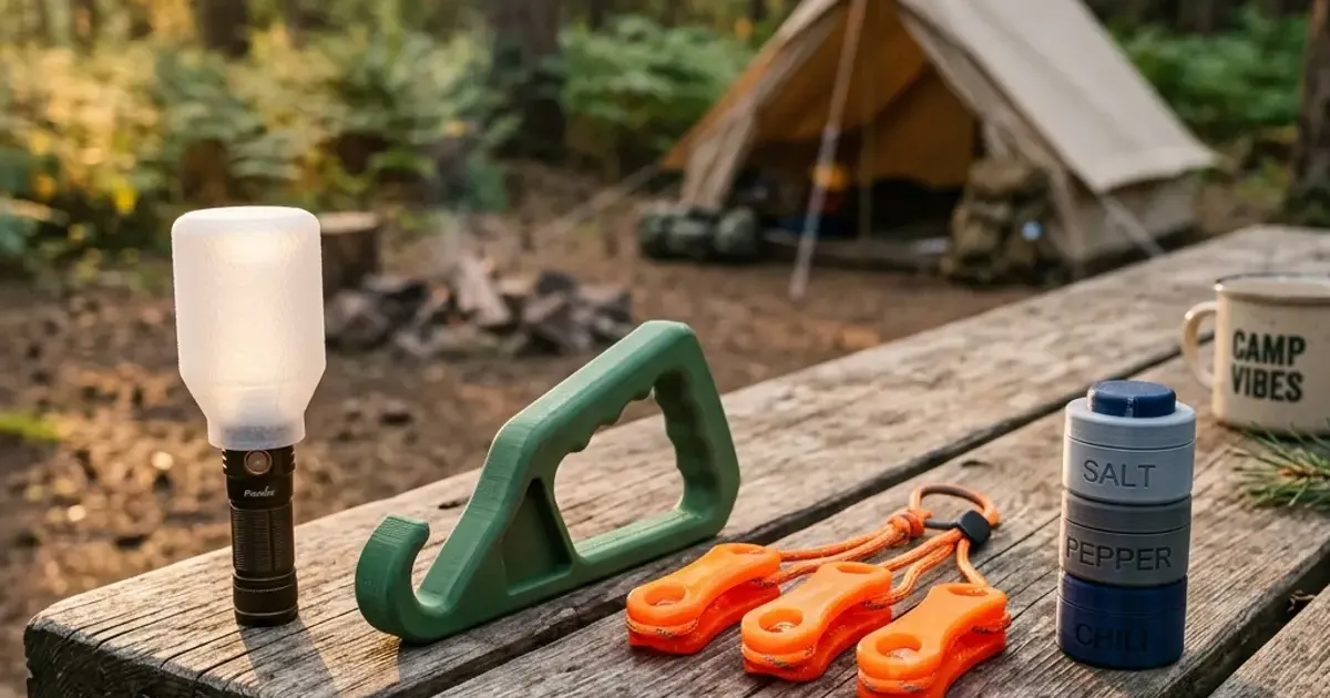Collection of 3D printed camping gadgets on a wooden picnic table at a forest campsite
