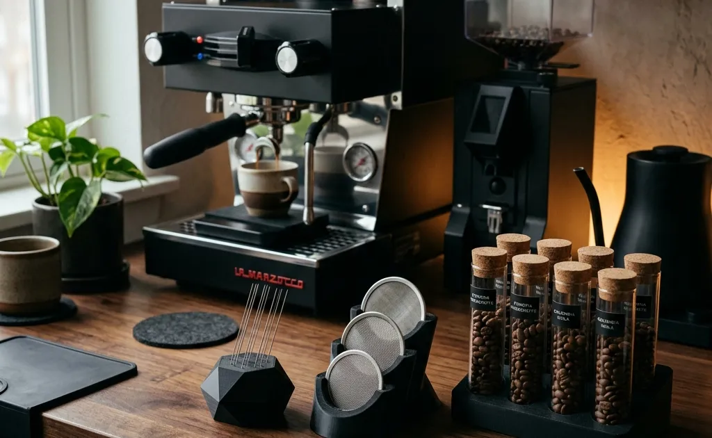 A high-end coffee station featuring 3D-printed WDT tools, puck screen holders, and bean cellars.