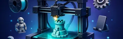 Illustration showing 3D printing concepts from printer to finished objects